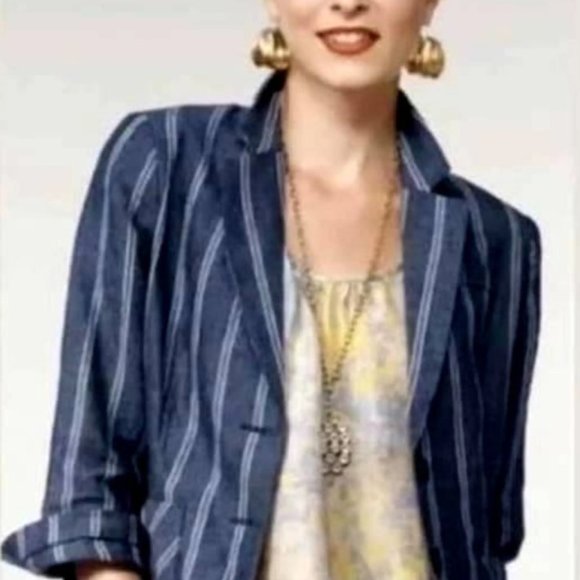 Cabi Blazer Jacket Linen Blue White Stripe Sz 8 Nautical Coastal Grandmacore - Picture 1 of 11